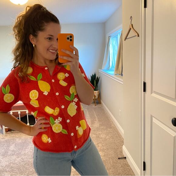 Vintage Y2K Susan Bristol Lemon Fruit Cotton Sweater Large - Picture 5 of 15